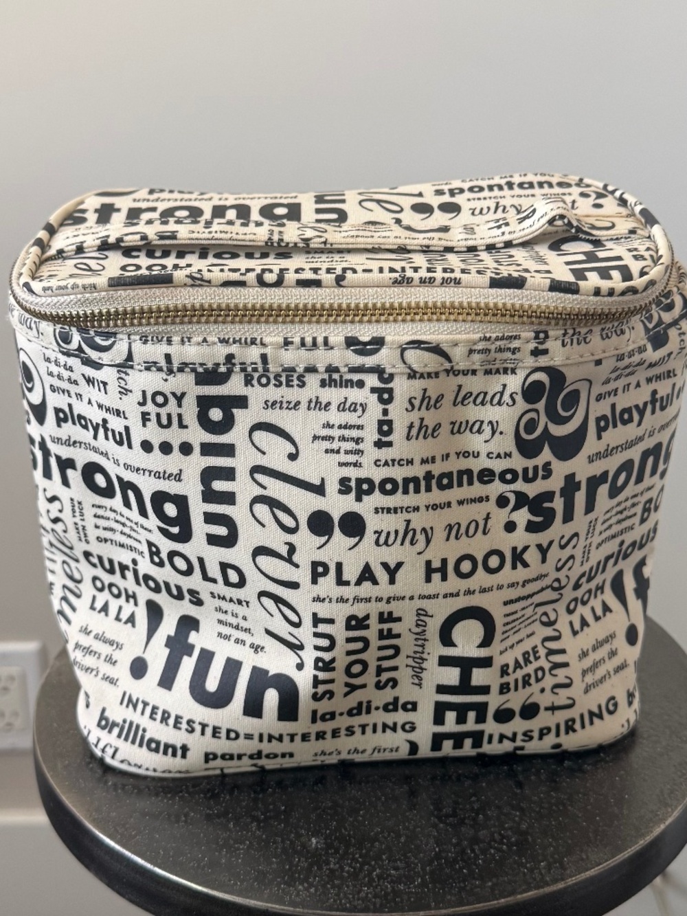 Kate Spade New York Black White Typography Cosmetic Train Case Makeup Bag